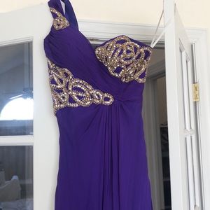 Terani Couture Purple one strap dress gold sequins